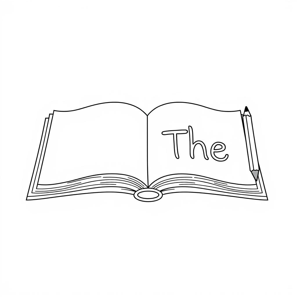 Create a black and white drawing of an open book with the word 'The' written on one page, and a pencil next to it