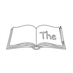 Create a black and white drawing of an open book with the word 'The' written on one page, and a pencil next to it