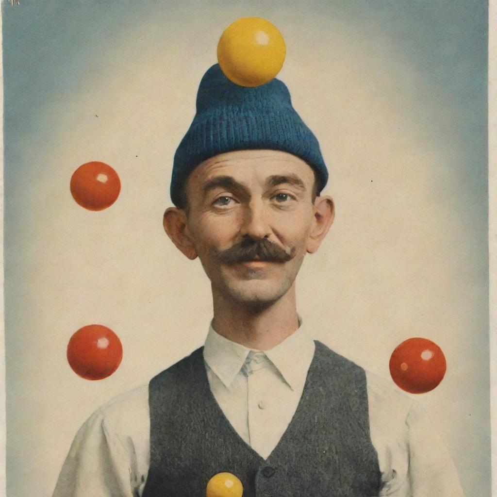 A postcard featuring an inventive drop of oil character juggling balls and wearing a stylish cap.