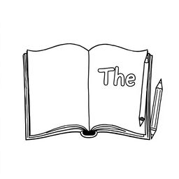 Create a black and white drawing of an open book with the word 'The' written on one page, and a pencil next to it