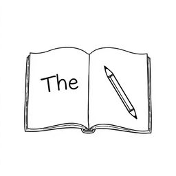 Create a black and white drawing of an open book with the word 'The' written on one page, and a pencil next to it