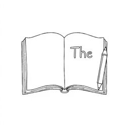 Create a black and white drawing of an open book with the word 'The' written on one page, and a pencil next to it