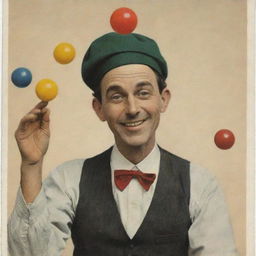 A postcard featuring an inventive drop of oil character juggling balls and wearing a stylish cap.