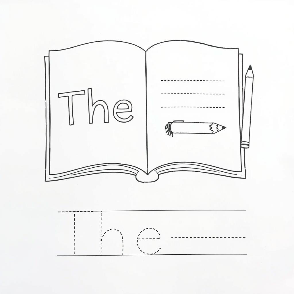 Create a black and white drawing of an open book with the word 'The' written on one page, and a pencil next to it