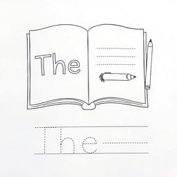 Create a black and white drawing of an open book with the word 'The' written on one page, and a pencil next to it