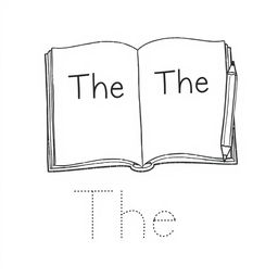 Create a black and white drawing of an open book with the word 'The' written on one page, and a pencil next to it