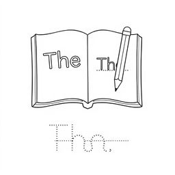 Create a black and white drawing of an open book with the word 'The' written on one page, and a pencil next to it