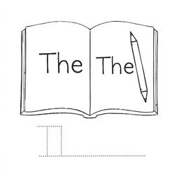 Create a black and white drawing of an open book with the word 'The' written on one page, and a pencil next to it