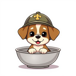 A cartoon of a small dog sitting inside a bowl, wearing a soldier's helmet