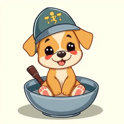 A cartoon of a small dog sitting inside a bowl, wearing a soldier's helmet