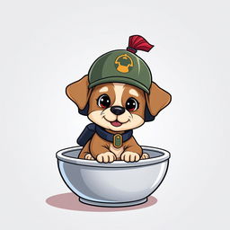 A cartoon of a small dog sitting inside a bowl, wearing a soldier's helmet