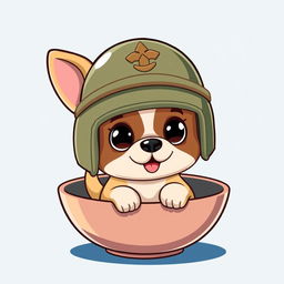 A cartoon of a small dog sitting inside a bowl, wearing a soldier's helmet