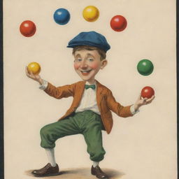 A postcard featuring an inventive drop of oil character juggling balls and wearing a stylish cap.