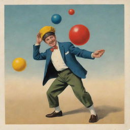 A postcard featuring an inventive drop of oil character juggling balls and wearing a stylish cap.