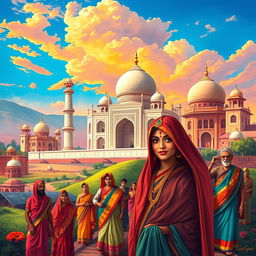 A vibrant and colorful depiction of traditional Indian culture, showcasing people in traditional attire, beautiful landscapes, and iconic architecture such as the Taj Mahal