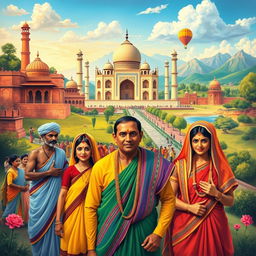 A vibrant and colorful depiction of traditional Indian culture, showcasing people in traditional attire, beautiful landscapes, and iconic architecture such as the Taj Mahal