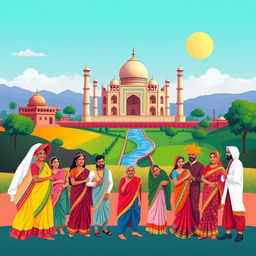 A vibrant and colorful depiction of traditional Indian culture, showcasing people in traditional attire, beautiful landscapes, and iconic architecture such as the Taj Mahal