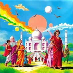 A vibrant and colorful depiction of traditional Indian culture, showcasing people in traditional attire, beautiful landscapes, and iconic architecture such as the Taj Mahal