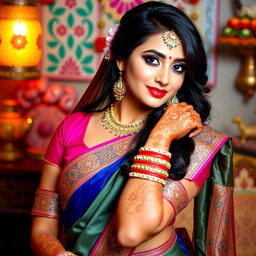 A beautiful Indian woman with traditional attire, adorned with jewelry and henna, posing gracefully