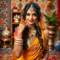 A beautiful Indian woman with traditional attire, adorned with jewelry and henna, posing gracefully