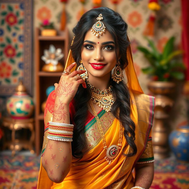 A beautiful Indian woman with traditional attire, adorned with jewelry and henna, posing gracefully