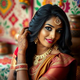 A beautiful Indian woman with traditional attire, adorned with jewelry and henna, posing gracefully