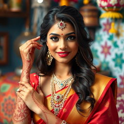 A beautiful Indian woman with traditional attire, adorned with jewelry and henna, posing gracefully