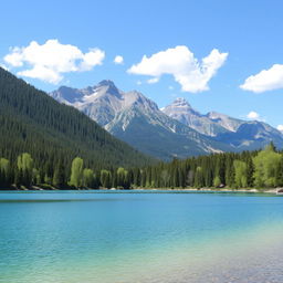 A serene landscape featuring a clear blue lake surrounded by lush green trees, with a majestic mountain range in the background