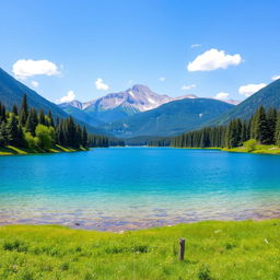 A serene landscape featuring a clear blue lake surrounded by lush green trees, with a majestic mountain range in the background