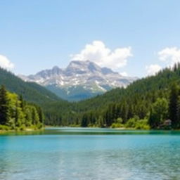 A serene landscape featuring a clear blue lake surrounded by lush green trees, with a majestic mountain range in the background