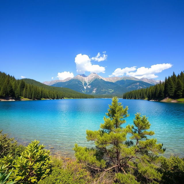 A serene landscape featuring a clear blue lake surrounded by lush green trees, with a majestic mountain range in the background