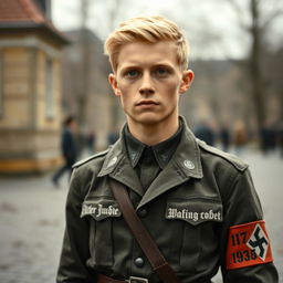 A book cover featuring a young German man, 17 years old, with blond hair and blue eyes