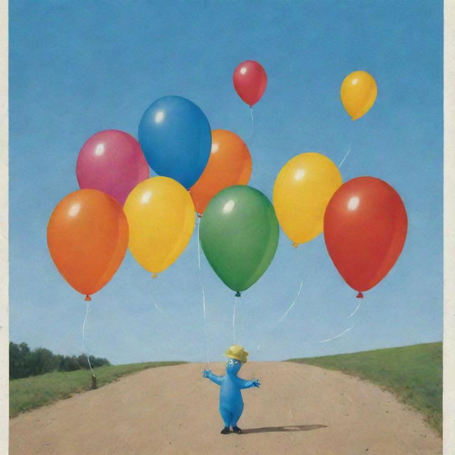 A postcard featuring a humorous cartoon of an oil droplet juggling inflatable balloons and wearing a quirky hat.