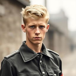 A book cover featuring a young German man, 17 years old, with blond hair and blue eyes