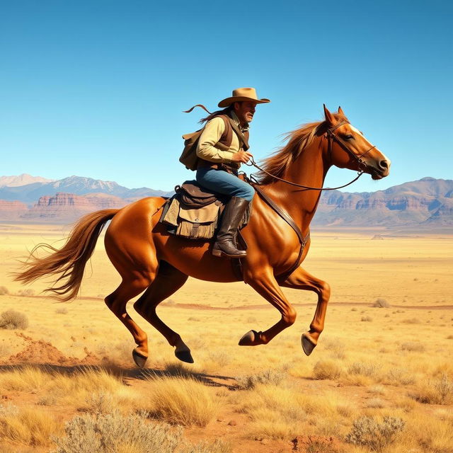 A detailed image of a Pony Express rider galloping across the open plains