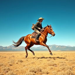 A detailed image of a Pony Express rider galloping across the open plains