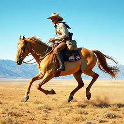 A detailed image of a Pony Express rider galloping across the open plains