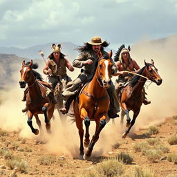 A dramatic scene of a rider being pursued by Native American warriors on horseback