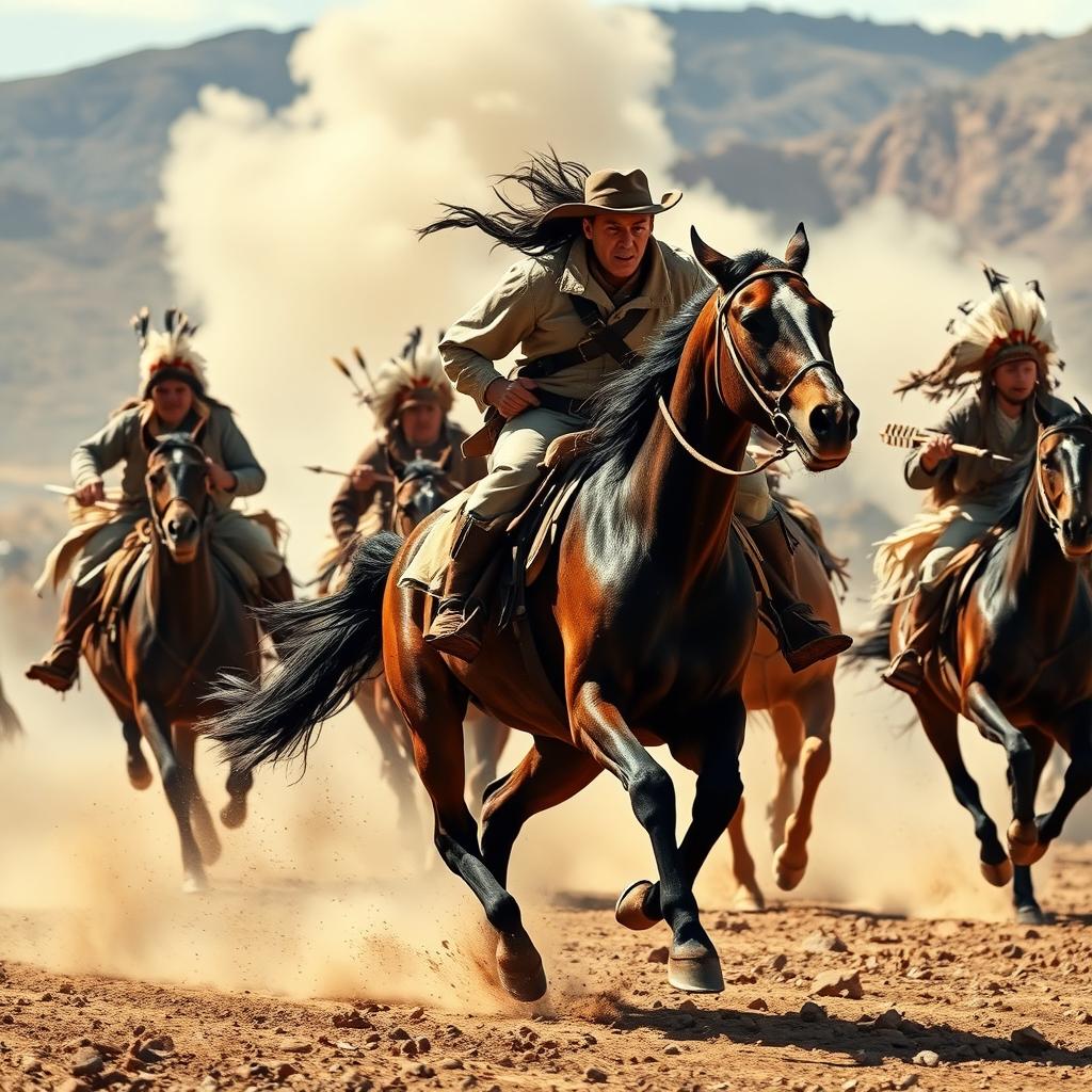 A dramatic scene of a rider being pursued by Native American warriors on horseback