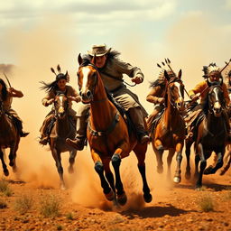 A dramatic scene of a rider being pursued by Native American warriors on horseback