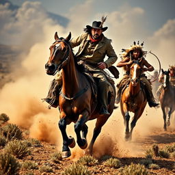 A dramatic scene of a rider being pursued by Native American warriors on horseback