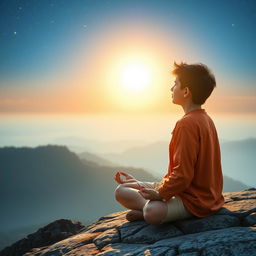 A teenager sitting in a lotus position on a mountain with a horizon in the background