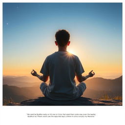 A teenager sitting in a lotus position on a mountain with a horizon in the background