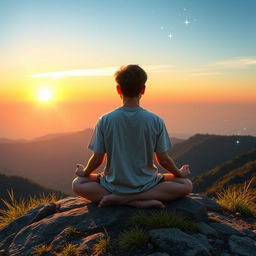 A teenager sitting in a lotus position on a mountain with a horizon in the background