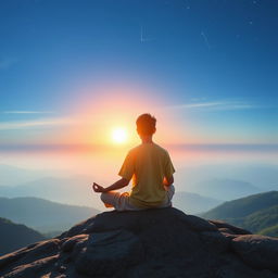 A teenager sitting in a lotus position on a mountain with a horizon in the background