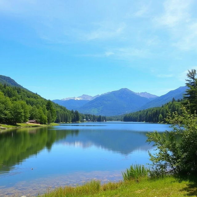 A serene landscape featuring a calm lake surrounded by lush green trees and mountains in the background under a clear blue sky