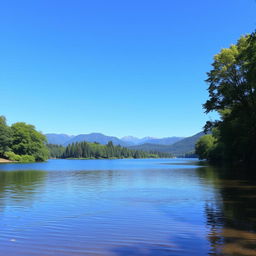 A serene landscape featuring a calm lake surrounded by lush green trees and mountains in the background under a clear blue sky