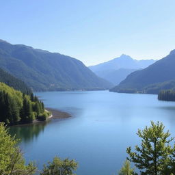 A serene landscape featuring a calm lake surrounded by lush green trees and mountains in the background under a clear blue sky