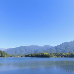 A serene landscape featuring a calm lake surrounded by lush green trees and mountains in the background under a clear blue sky