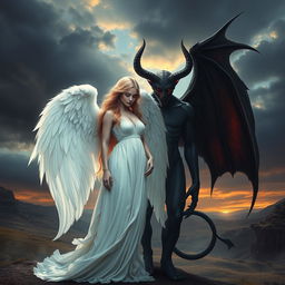 A beautiful and ethereal angel with white wings standing next to a dark and menacing demon with red eyes and black wings